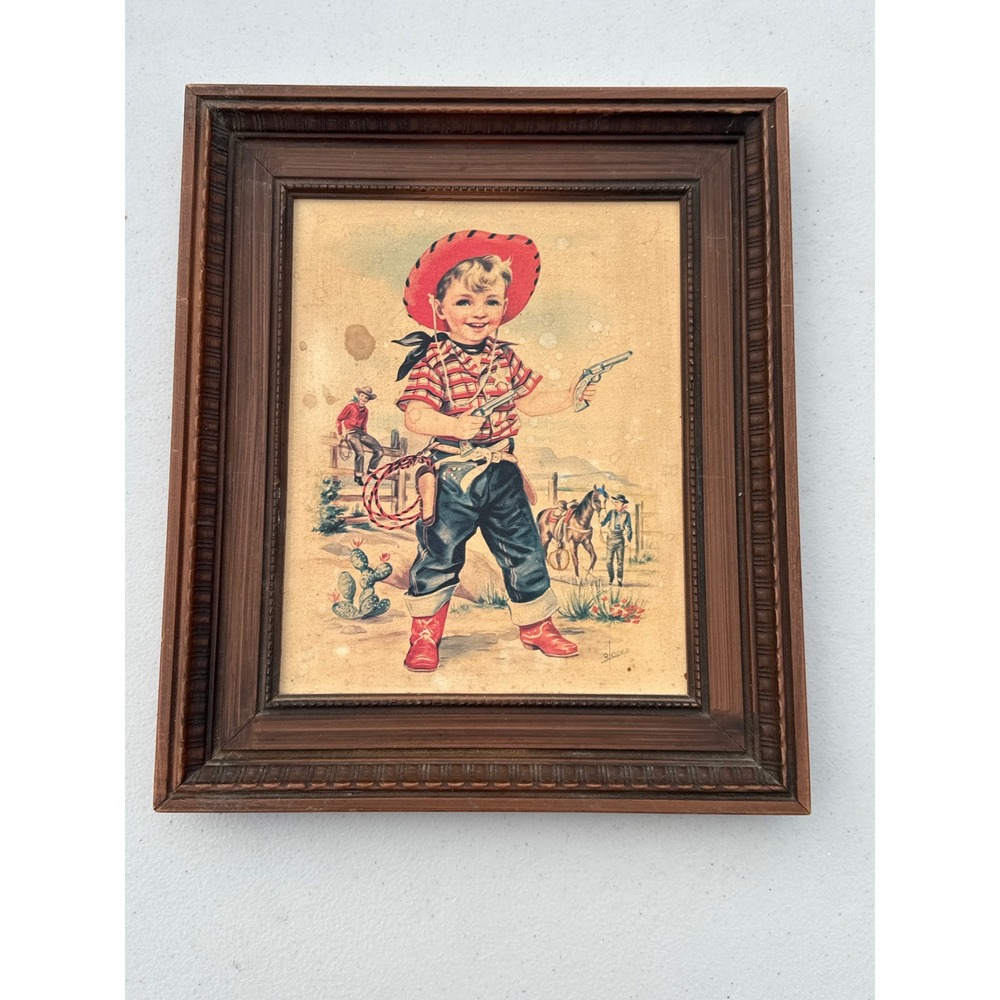 Vintage B Lopez Cowboy Boy Framed Lithograph Print Western Mid Century Art